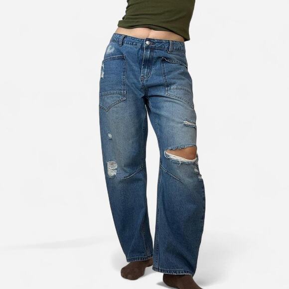 flamingals Denim - Barrel leg distressed denim jeans